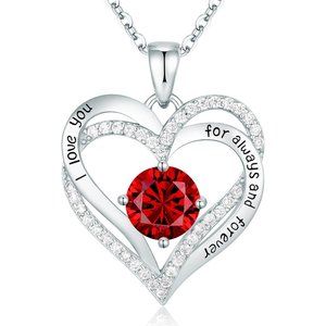 Forever Love Heart Pendant Birthstone Red & Silver Necklaces for Women